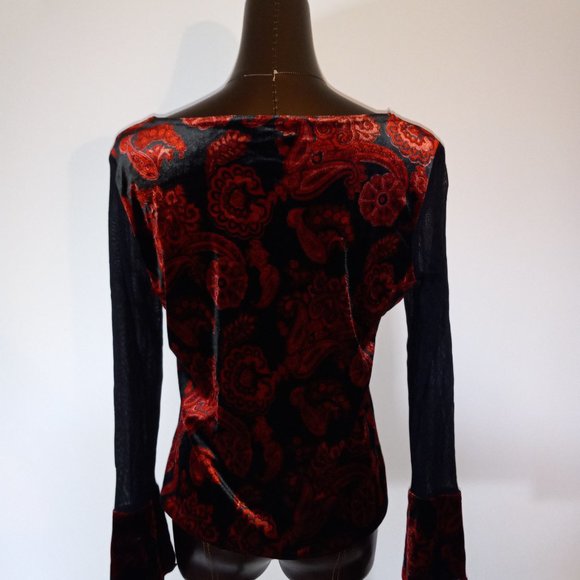 stretchy velvet floral print top with sheer sleeves & boat neck - Picture 6 of 13